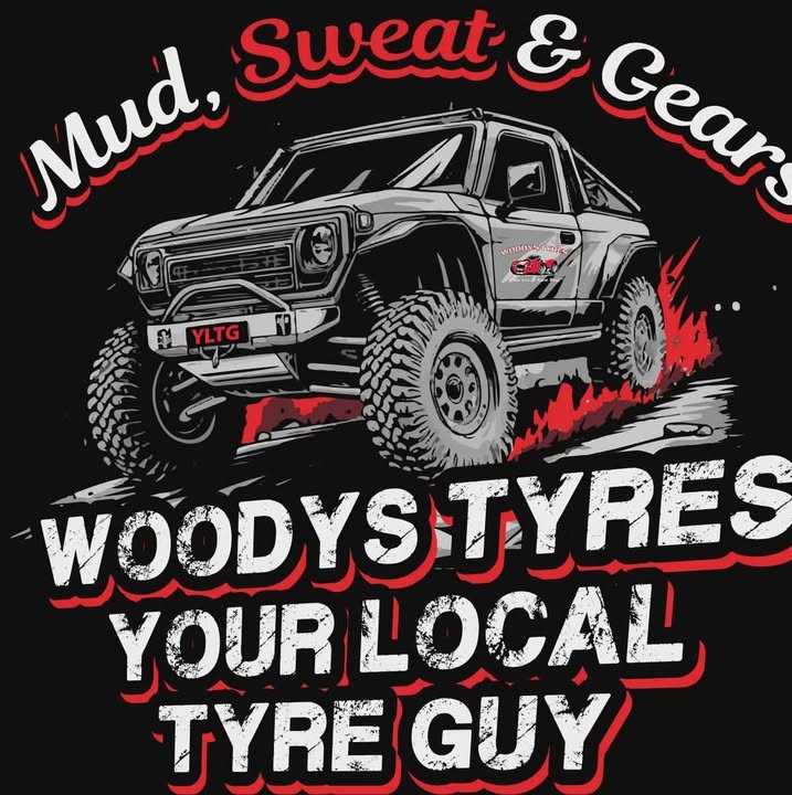 Woodys Tyres brand artwork: Mud, Sweat and Gears, Your Local Tyre Guy